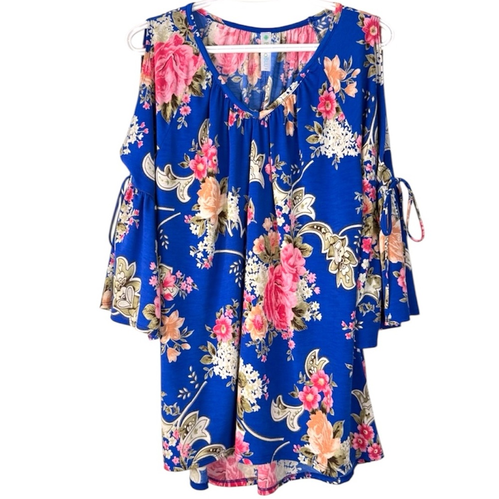 BohoBlu Blue Floral Cold Shoulder Tunic Top Oversized L XL